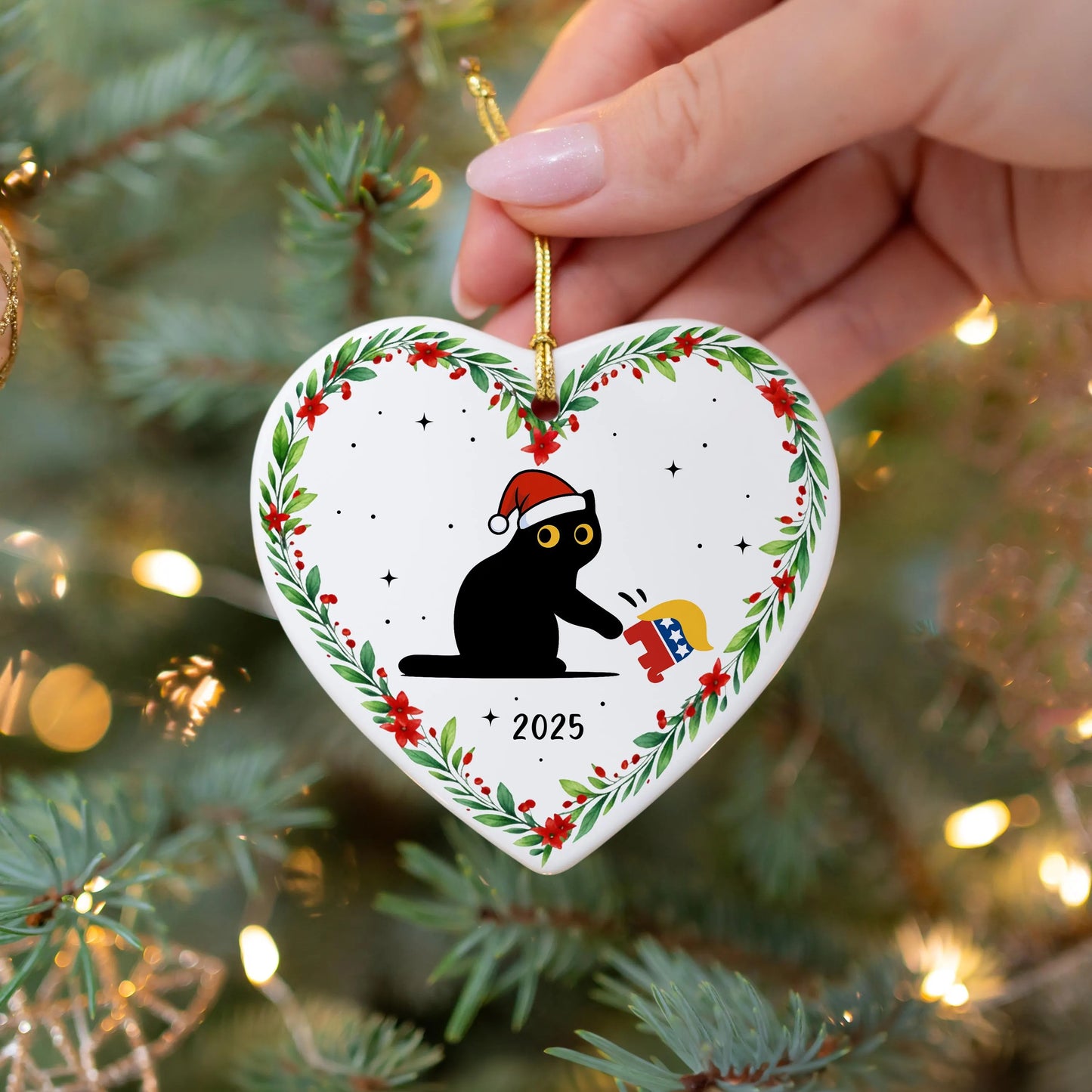 Political humor holiday ornament featuring sarcastic cat