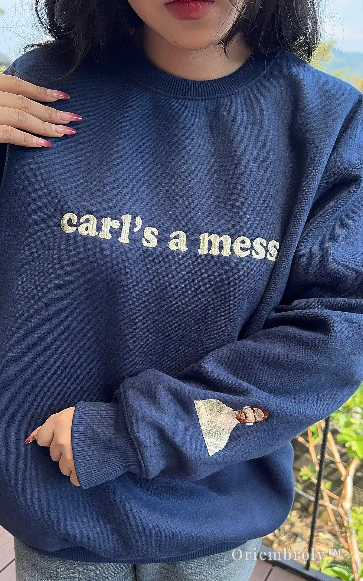 Custom embroidered "carl’s a mess" sweatshirt in navy. A unique and humorous gift idea for friends who love memes, funny quotes, and high-quality embroidered apparel