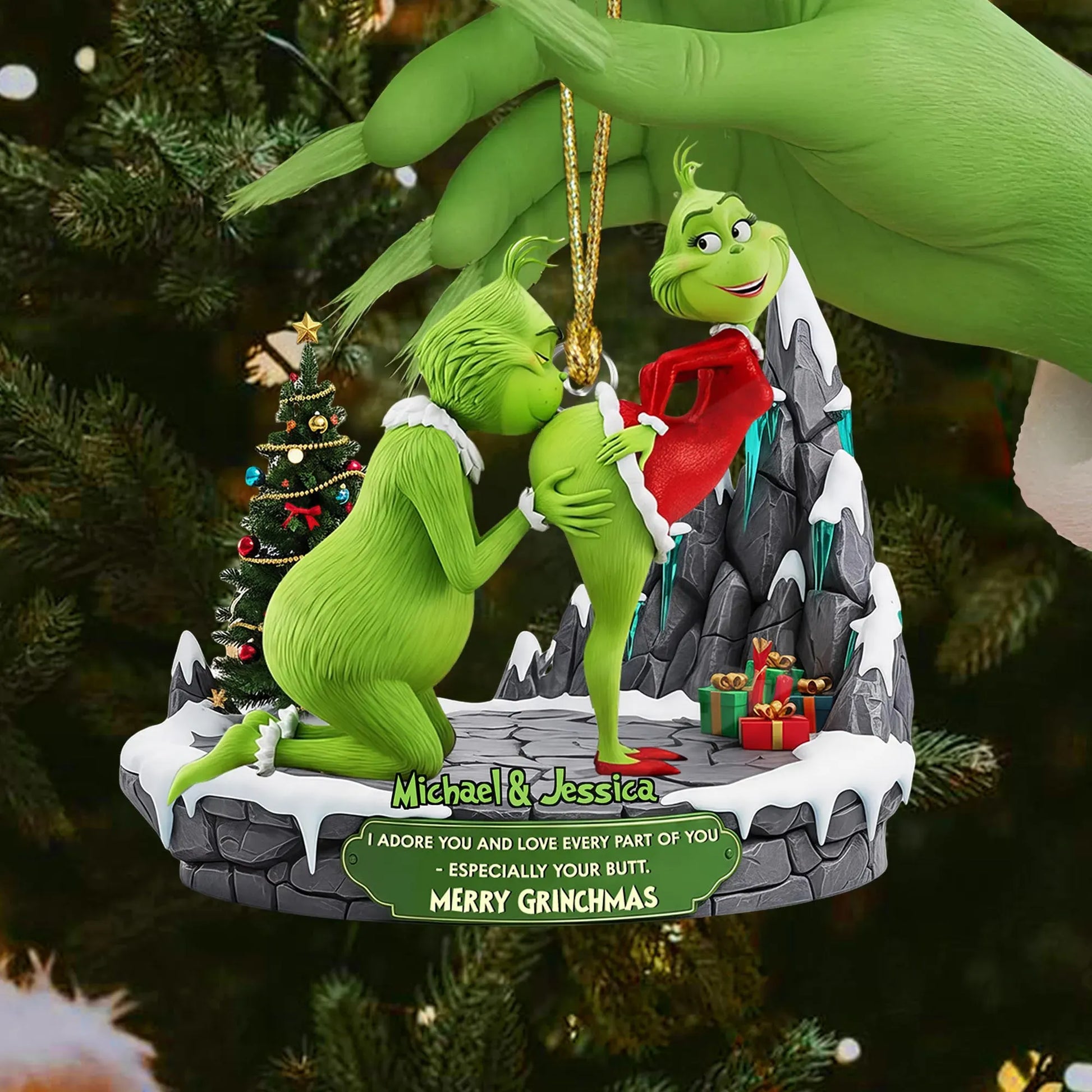 Funny Grinch couple ornament, personalized holiday gift for couples featuring a cheeky message.