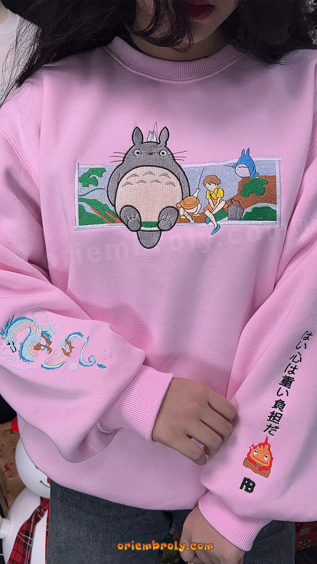 Ghibli-inspired Totoro embroidery on unisex crewneck sweatshirt