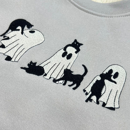 Ghost Cat Halloween Shirt Embroidered for Spooky Season