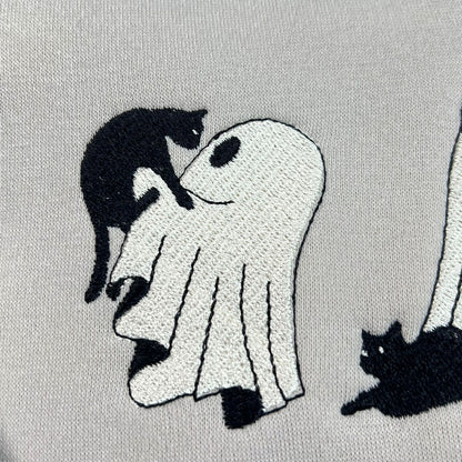 Ghost Cat Halloween Shirt Embroidered for Spooky Season