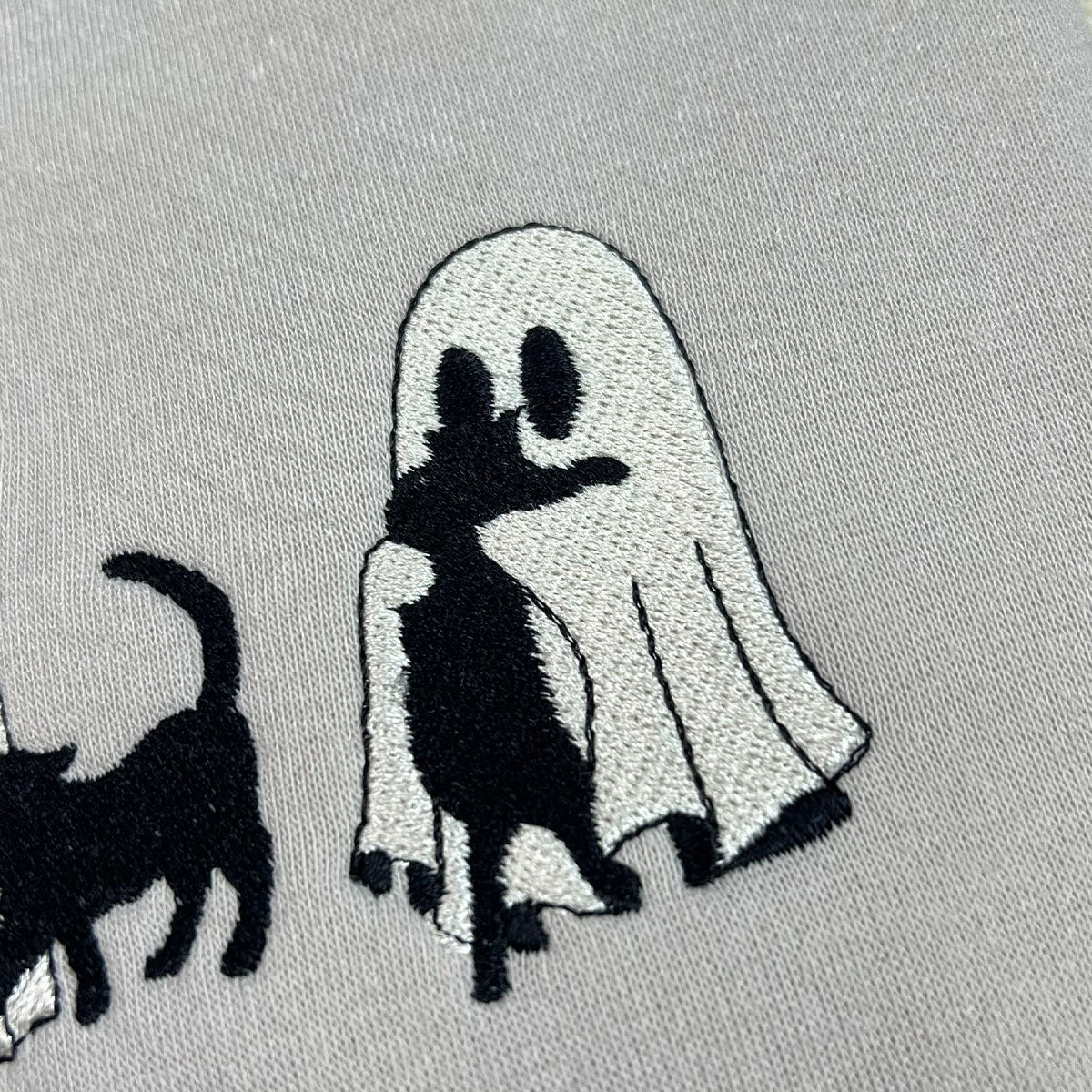 Ghost Cat Halloween Shirt Embroidered for Spooky Season