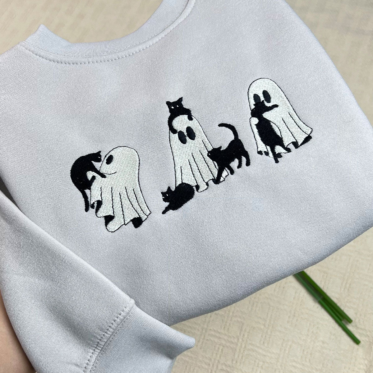 Ghost Cat Halloween Shirt Embroidered for Spooky Season