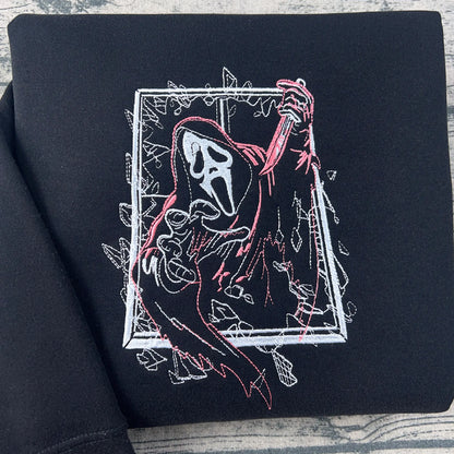 Ghostface embroidered hoodie – cozy Halloween horror sweatshirt, perfect for spooky season and scary movie fans