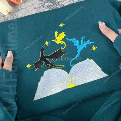 Embroidered design of dragons and an open book on a teal fabric.