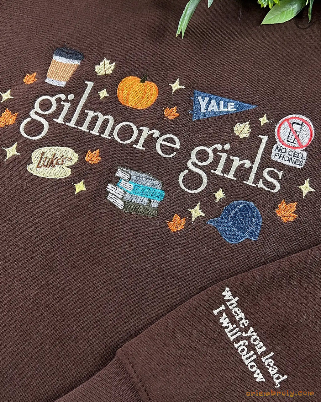 Detailed view of the custom sleeve quote embroidery and main Gilmore Girls chest graphic on a brown sweatshirt
