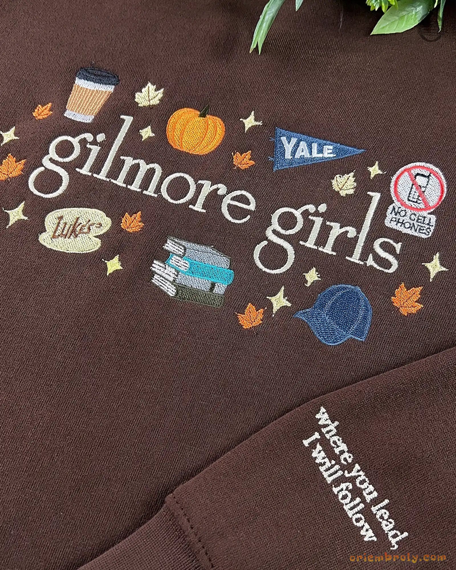 Detailed view of the custom sleeve quote embroidery and main Gilmore Girls chest graphic on a brown sweatshirt