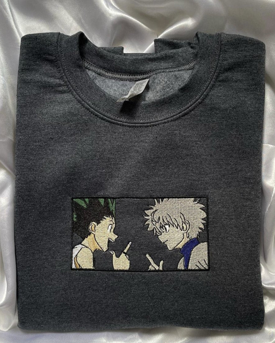 Gon Freecss and Killua Zoldyck anime embroidered vintage crewneck sweatshirt in dark grey