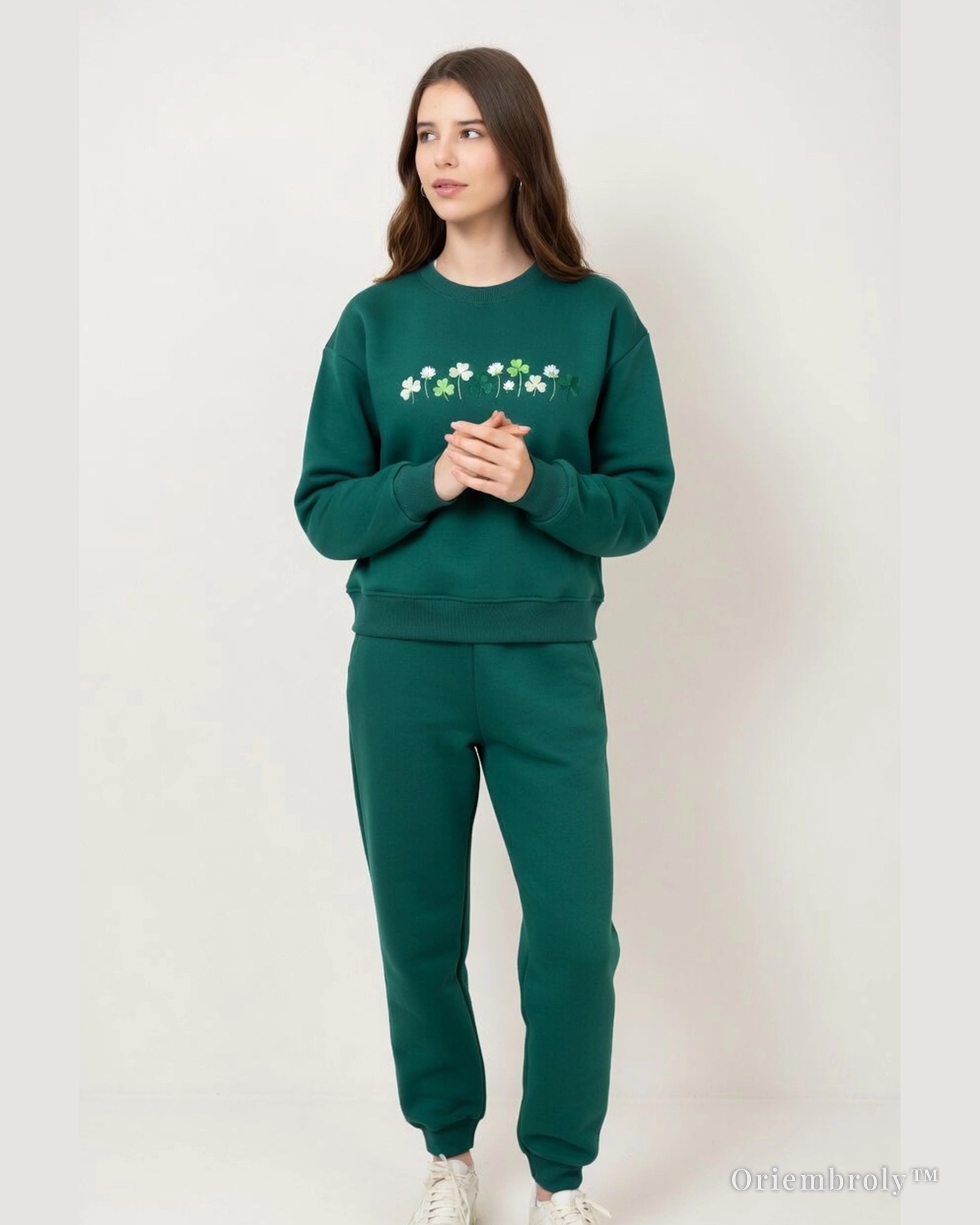 dark green crewneck with shamrock embroidery outfit