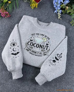 Overview flat lay of grey Practical Magic inspired embroidered crewneck sweater with custom dual sleeve art