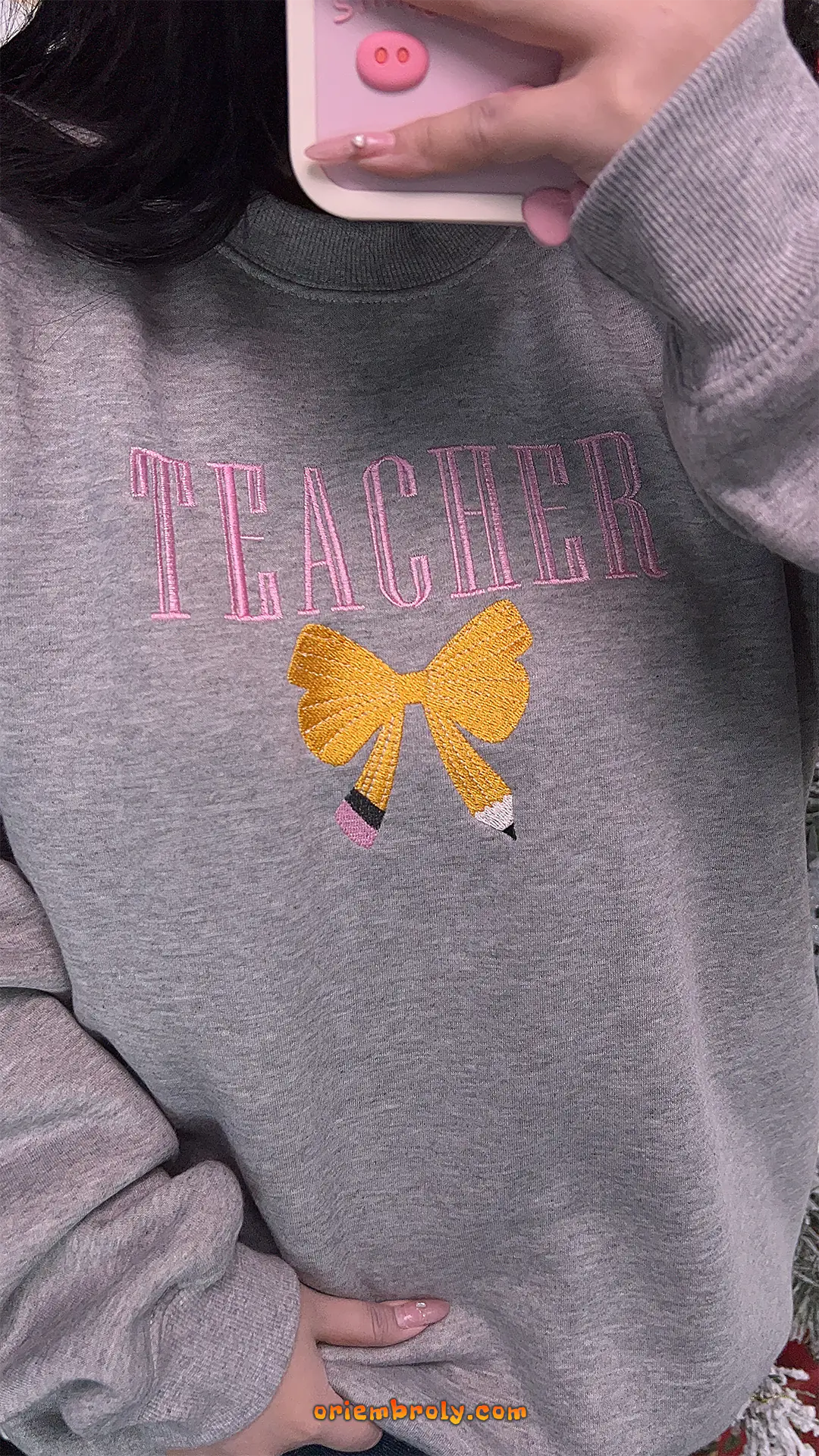 Yellow bow and pencil embroidered teacher sweater