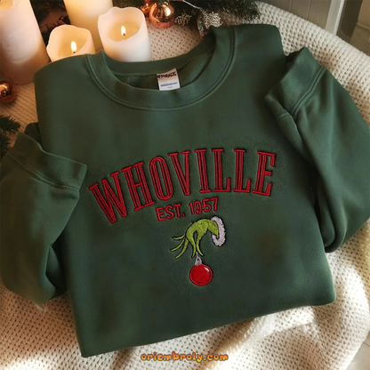 Whoville sweatshirt featuring red ornament embroidery