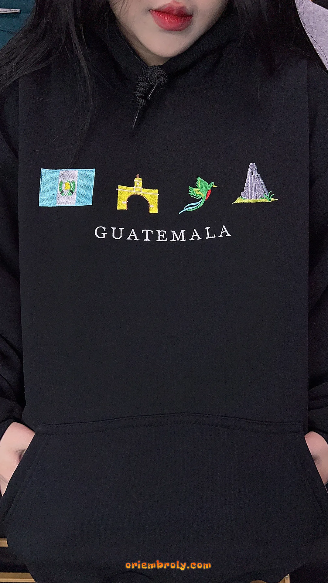 Black embroidered sweatshirt featuring Guatemala national symbols