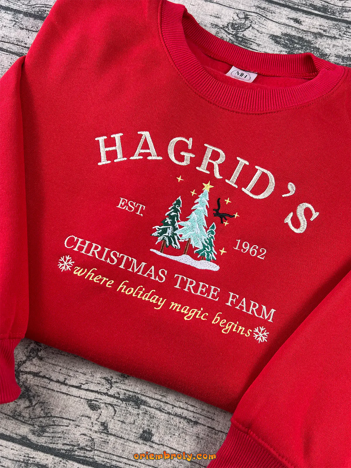 Cozy red holiday sweater with Christmas embroidery