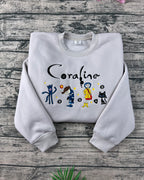 Halloween 3D doll embroidered crewneck – Coraline horror cartoon sweatshirt and spooky hoodie