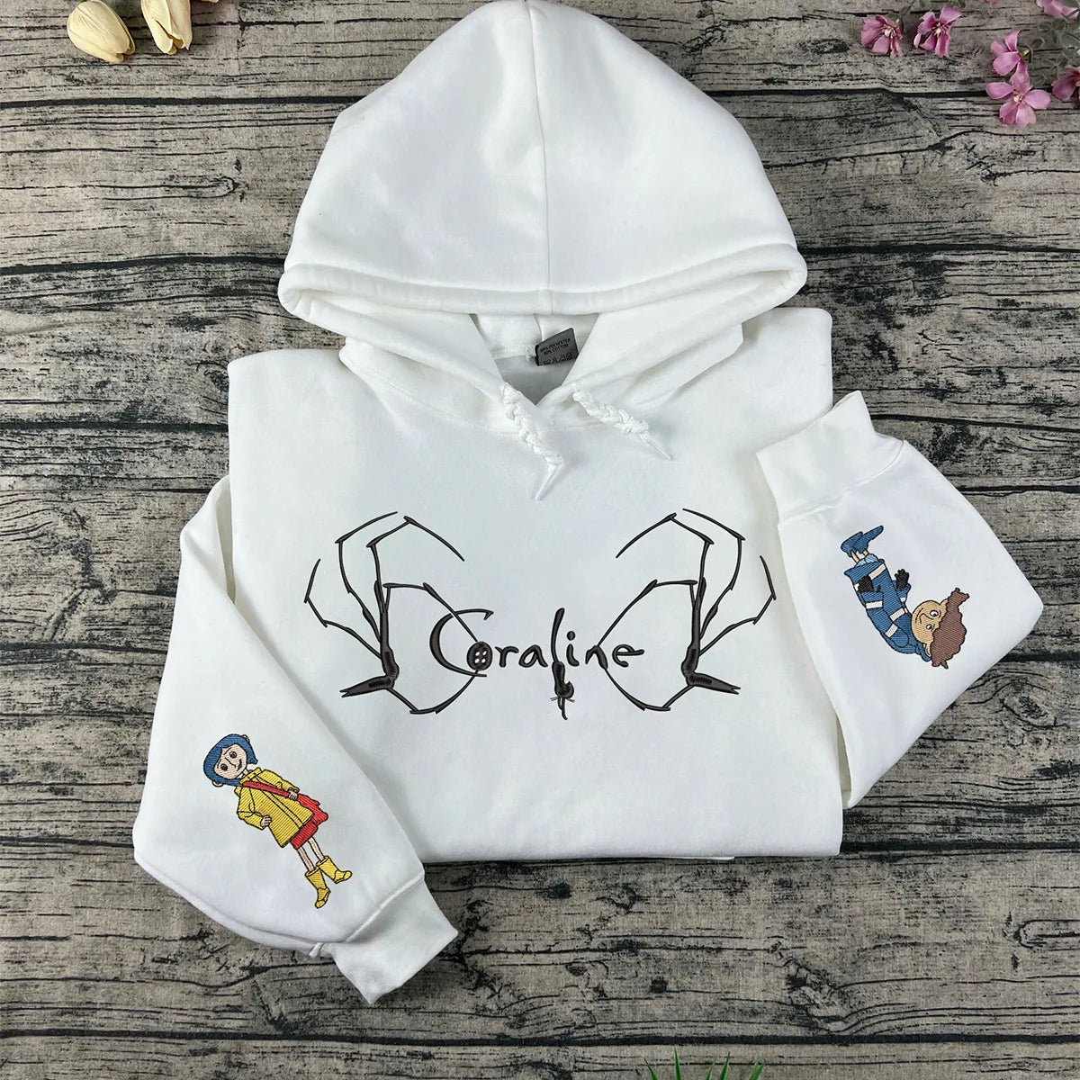 Halloween Coraline and Wybie Embroidered Sweatshirt – Scary Doll Hoodie, Horror Cartoon Character Hoodie for Spooky Season