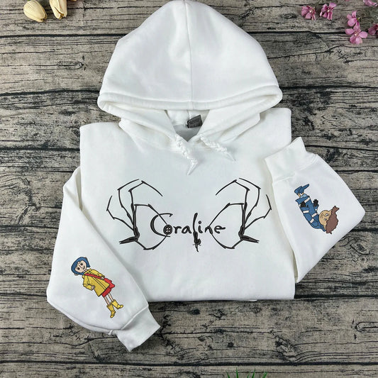 Halloween Coraline and Wybie Embroidered Sweatshirt – Scary Doll Hoodie, Horror Cartoon Character Hoodie for Spooky Season