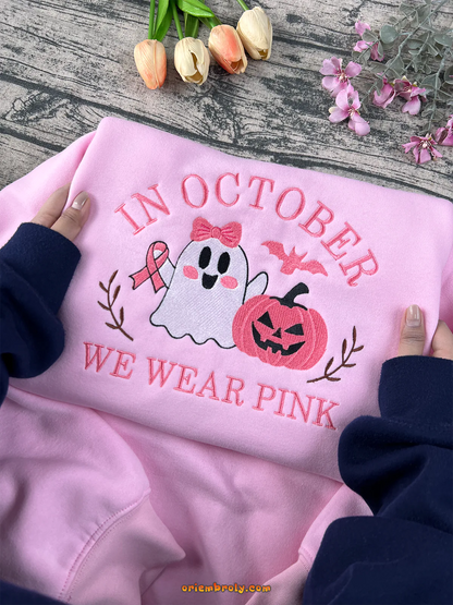 Pink Halloween hoodie with ghost and pumpkin embroidery