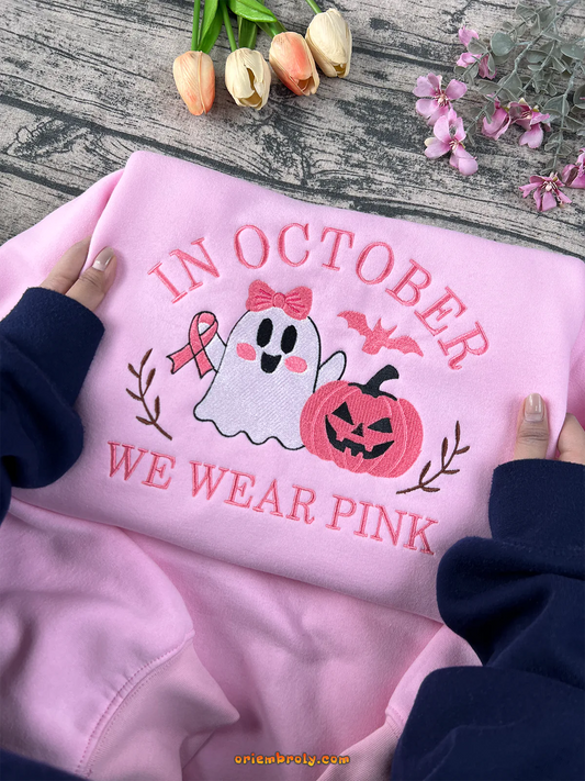 Pink Halloween hoodie with ghost and pumpkin embroidery