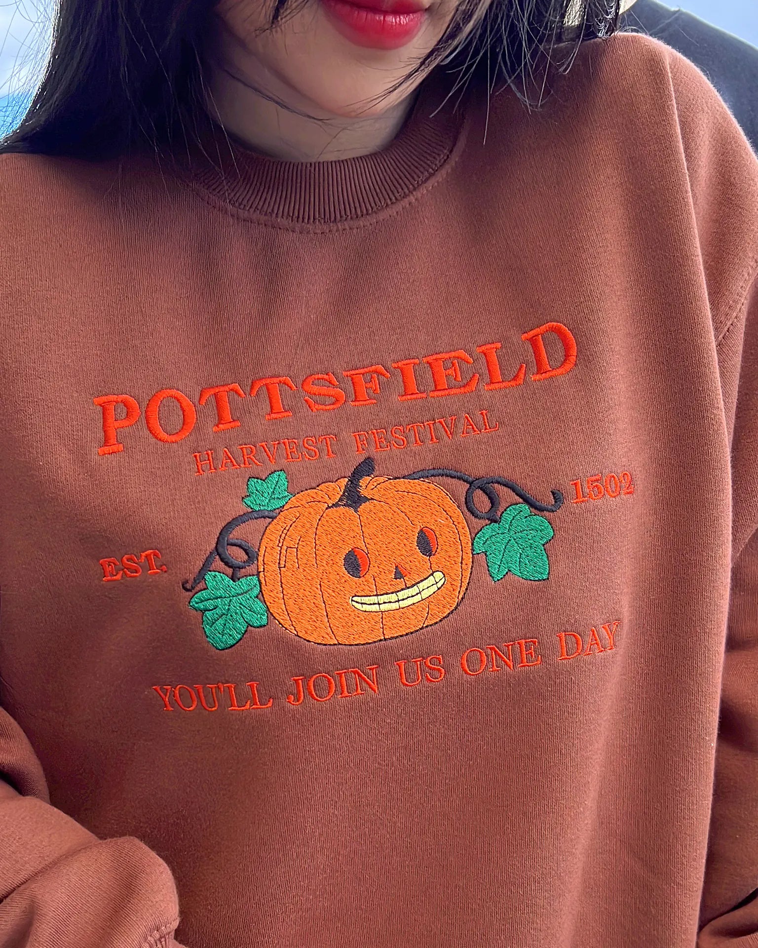 Halloween harvest festival sweatshirt with detailed embroidered pumpkin and skeleton motif