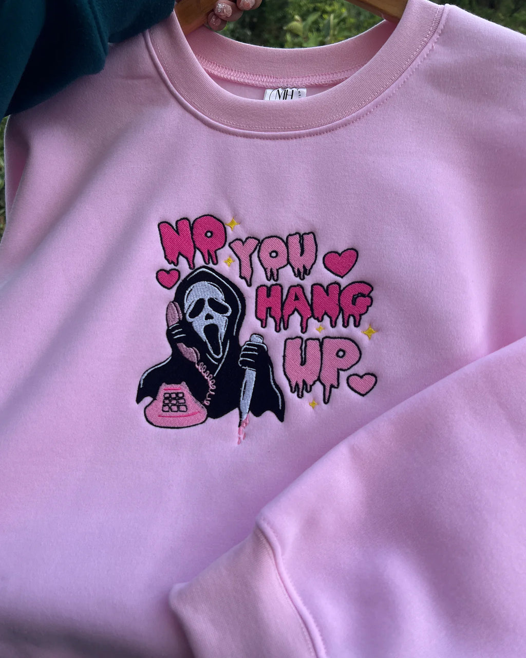 Halloween horror movie pink hoodie with Ghostface “No You Hang Up” design