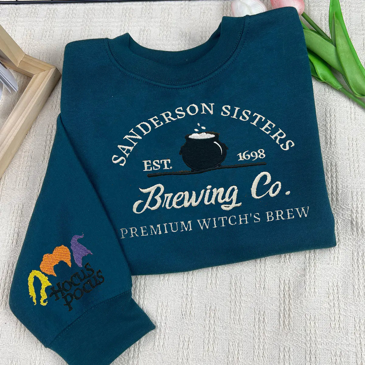Embroidered Halloween embroidery sweatshirt/Spooky, sleeve hocus pocus, ghost, Y2K Style Embroidered Crewneck| Sanderson sisters brewing co