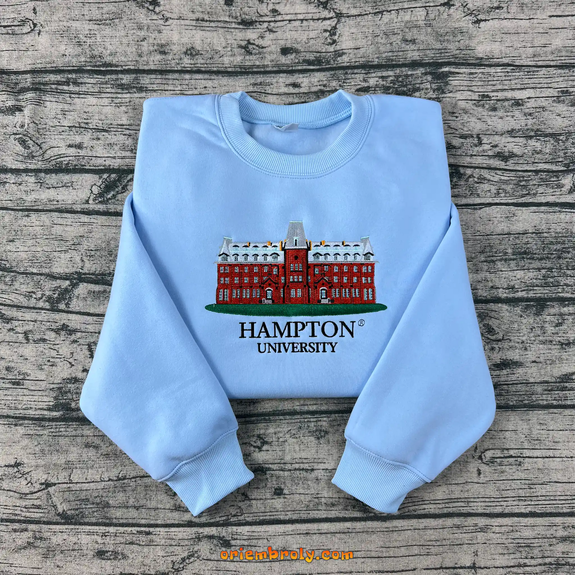 HU college crewneck with detailed campus embroidery
