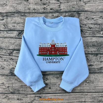 HU college crewneck with detailed campus embroidery