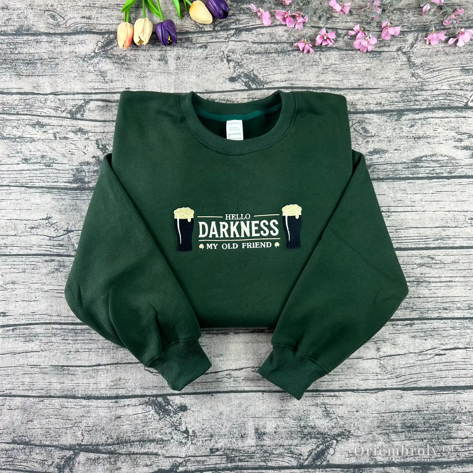 Hello Darkness My Old Friend embroidered sweatshirt with stout beer design