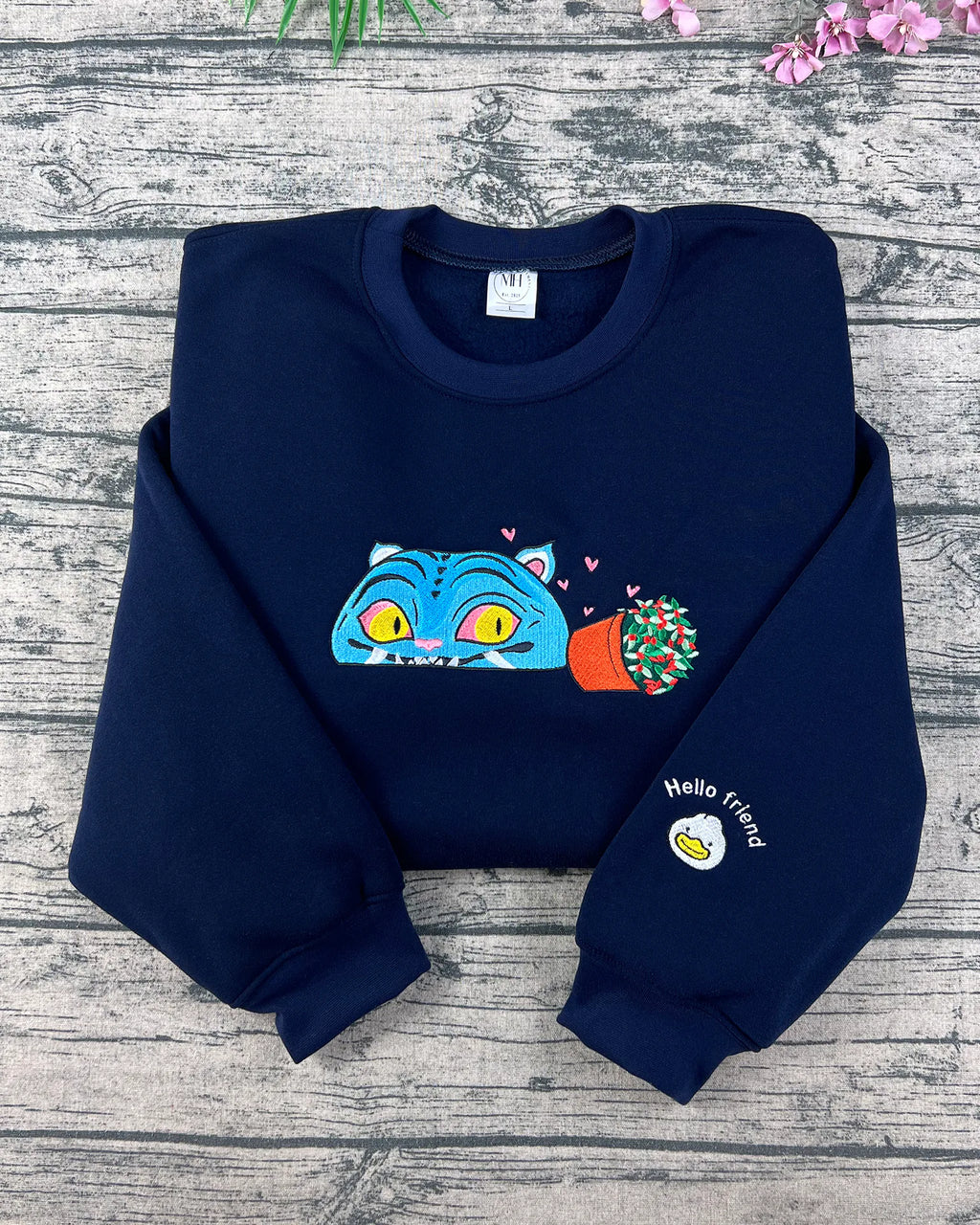 Cute Blue Tiger Embroidered Sweatshirt – Kawaii Animal Fleece Crewneck, Cozy Unisex Gift