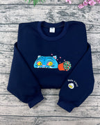 Cute Blue Tiger Embroidered Sweatshirt – Kawaii Animal Fleece Crewneck, Cozy Unisex Gift