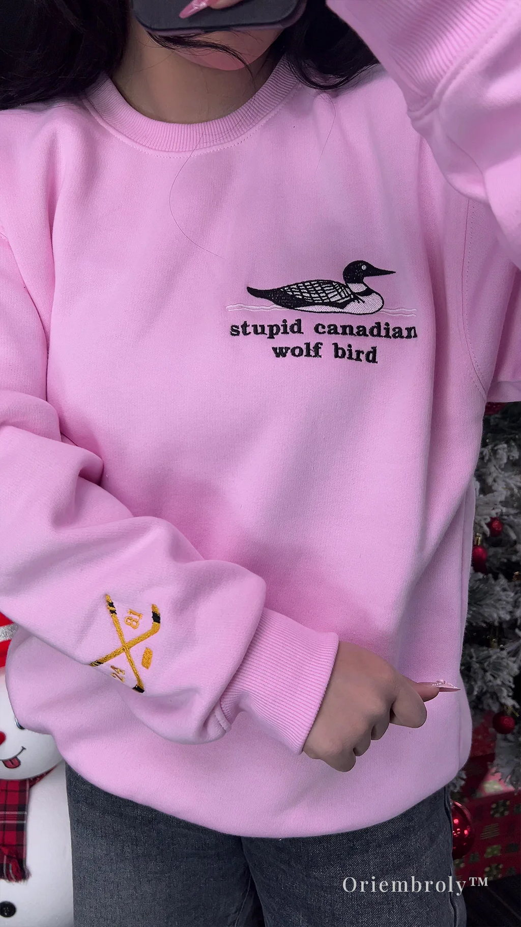 Embroidered crewneck inspired by hockey fandom culture