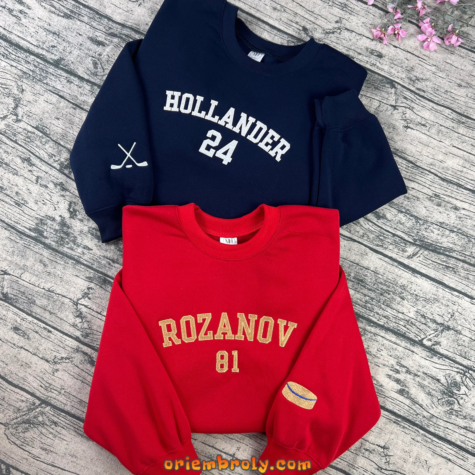 White embroidered hockey name and number crewneck