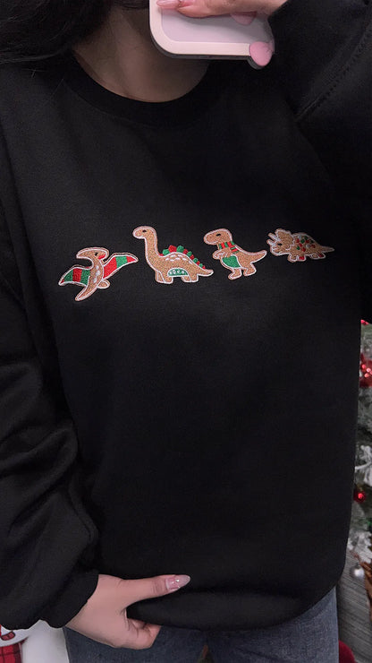 Embroidered Christmas dinosaur sweatshirt for kids and adults