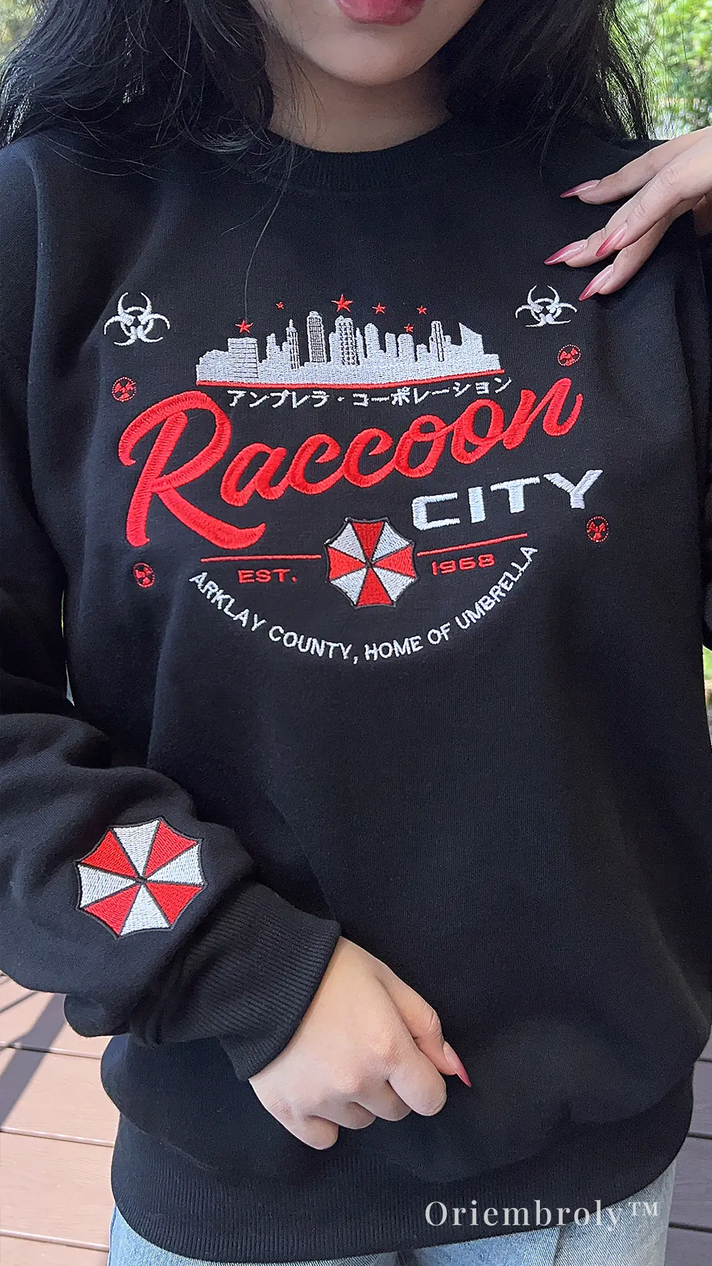 gamer wearing survival horror embroidered sweatshirt