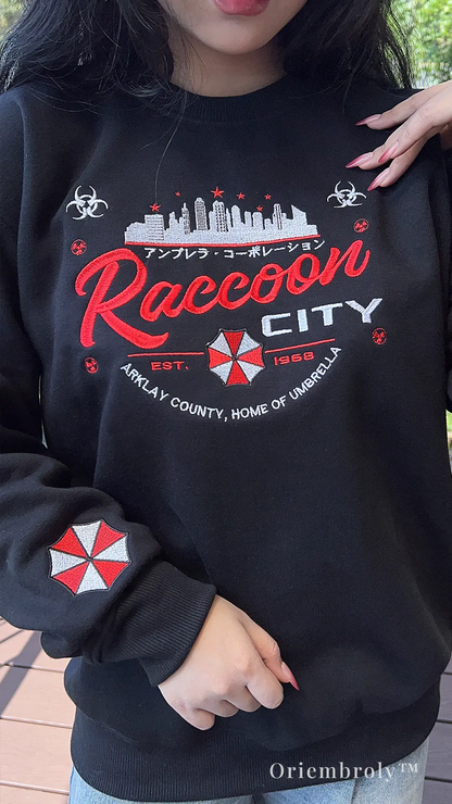 gamer wearing survival horror embroidered sweatshirt