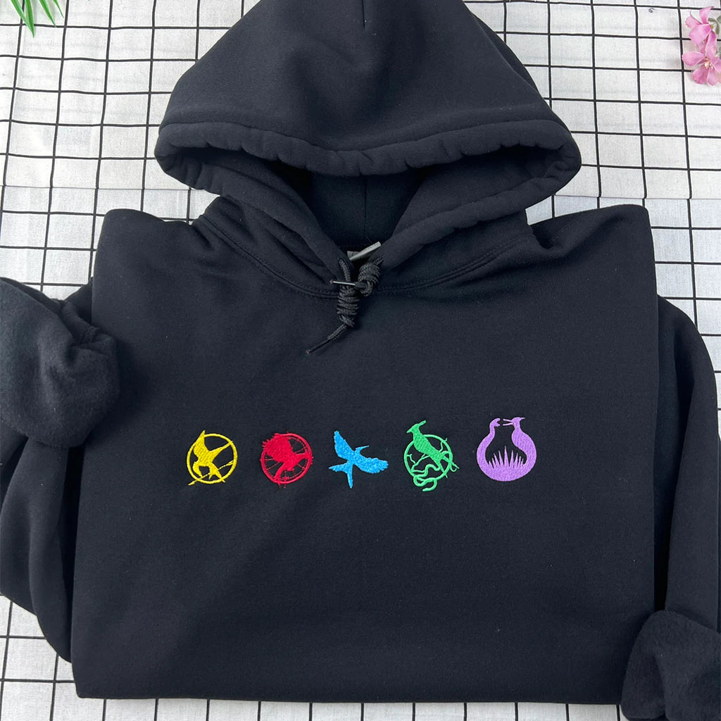 Embroidered Hunger Games sweatshirt with Abernathy Liquors design