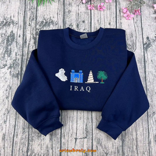 Iraq embroidered crewneck sweatshirt with cultural symbols
