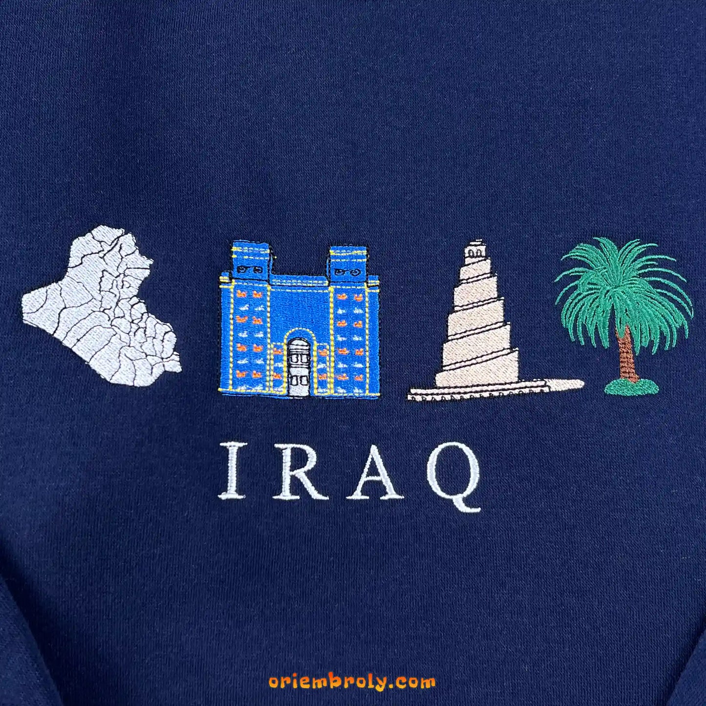 Detailed embroidery of the Iraq map on crewneck sweatshirt