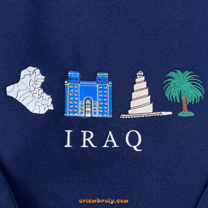 Detailed embroidery of the Iraq map on crewneck sweatshirt