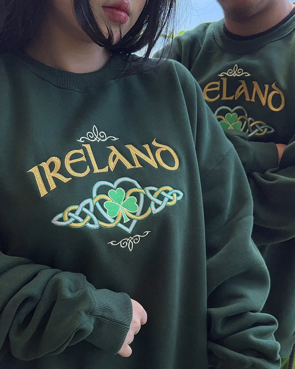 casual Ireland embroidered crewneck worn by model