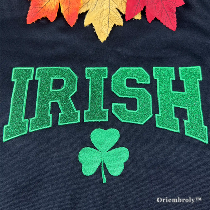 IRISH collegiate font embroidery with shamrock design