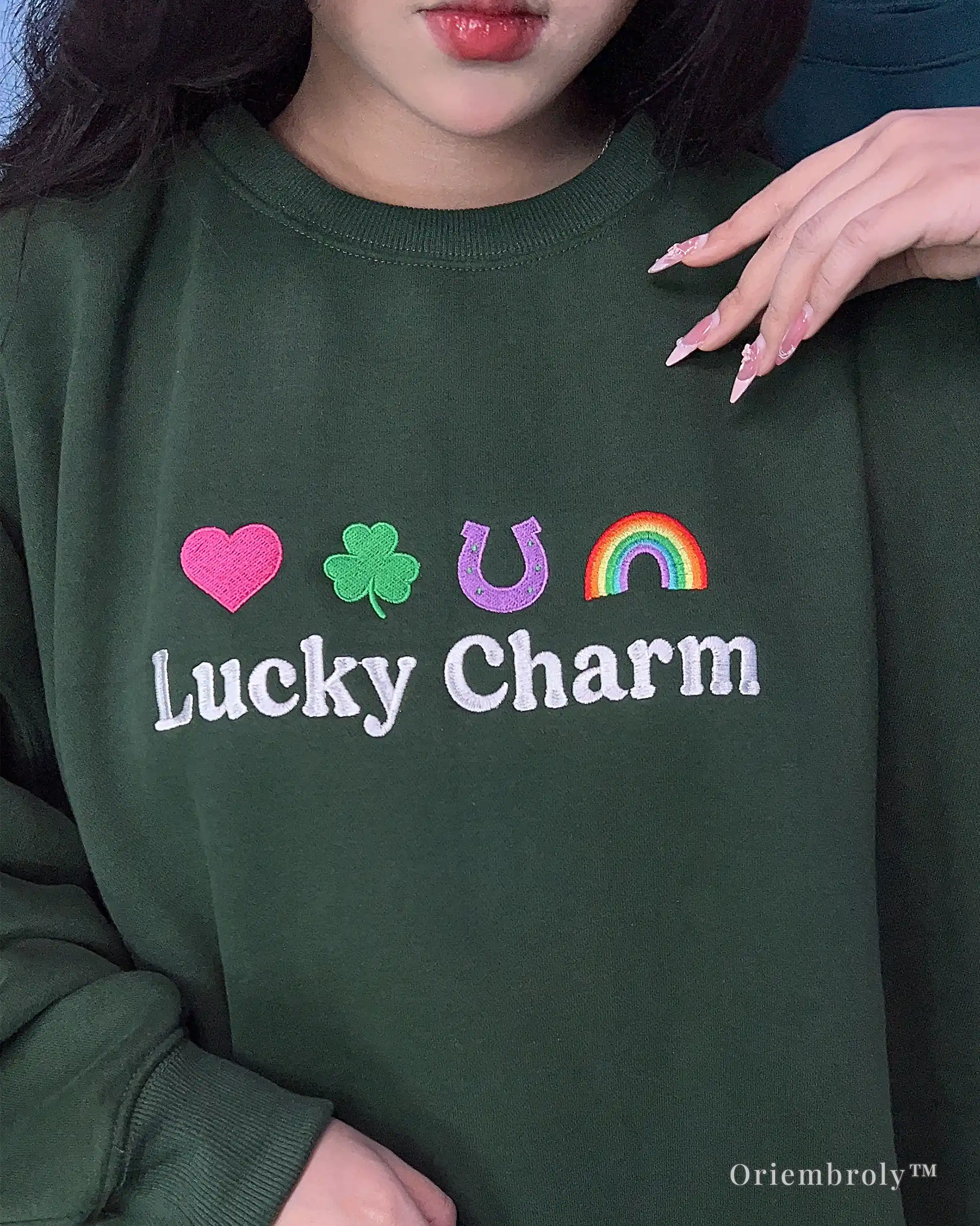 casual outfit with lucky charm embroidered crewneck sweatshirt