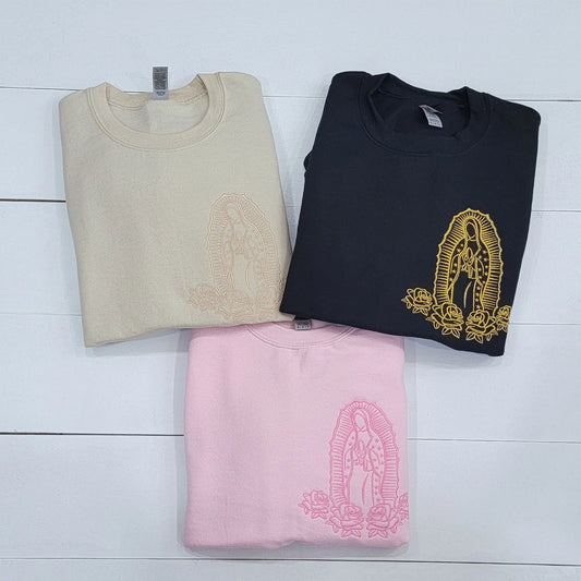 Front view of the La Virgen de Guadalupe Embroidered Crewneck Sweater