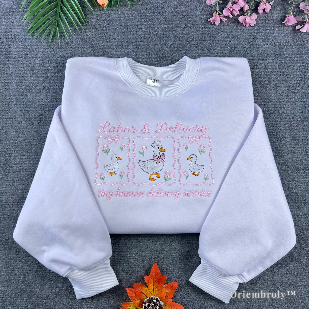 White Labor and Delivery nurse sweatshirt with cute coquette goose embroidery
