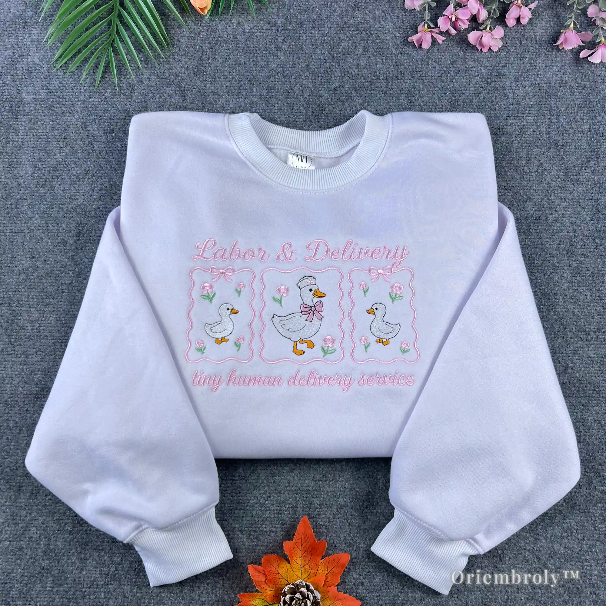 White Labor and Delivery nurse sweatshirt with cute coquette goose embroidery