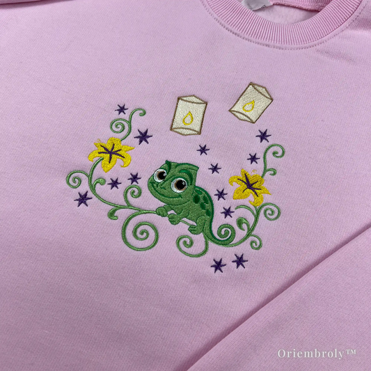 embroidered lantern festival design on pink sweatshirt