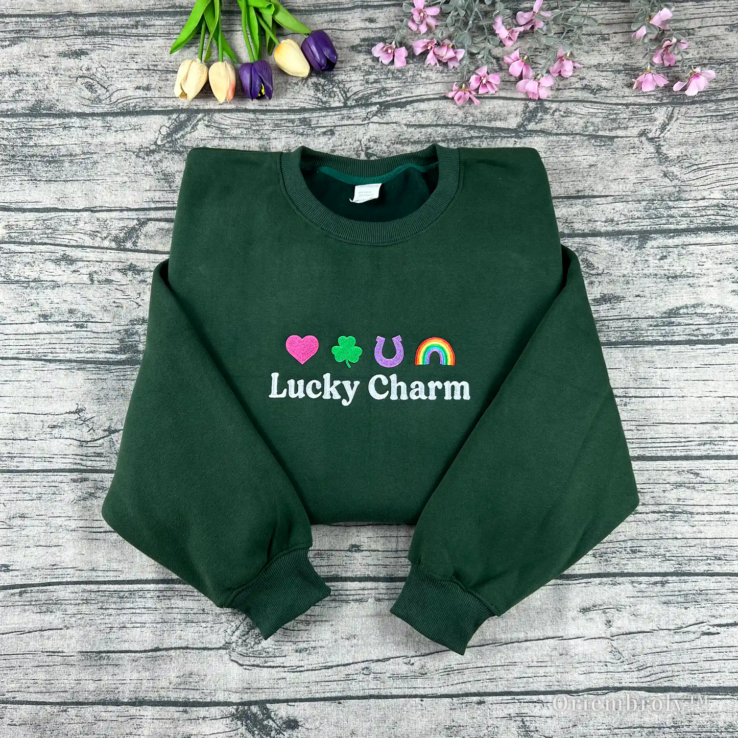 lucky charm embroidered sweatshirt with shamrock heart horseshoe and rainbow