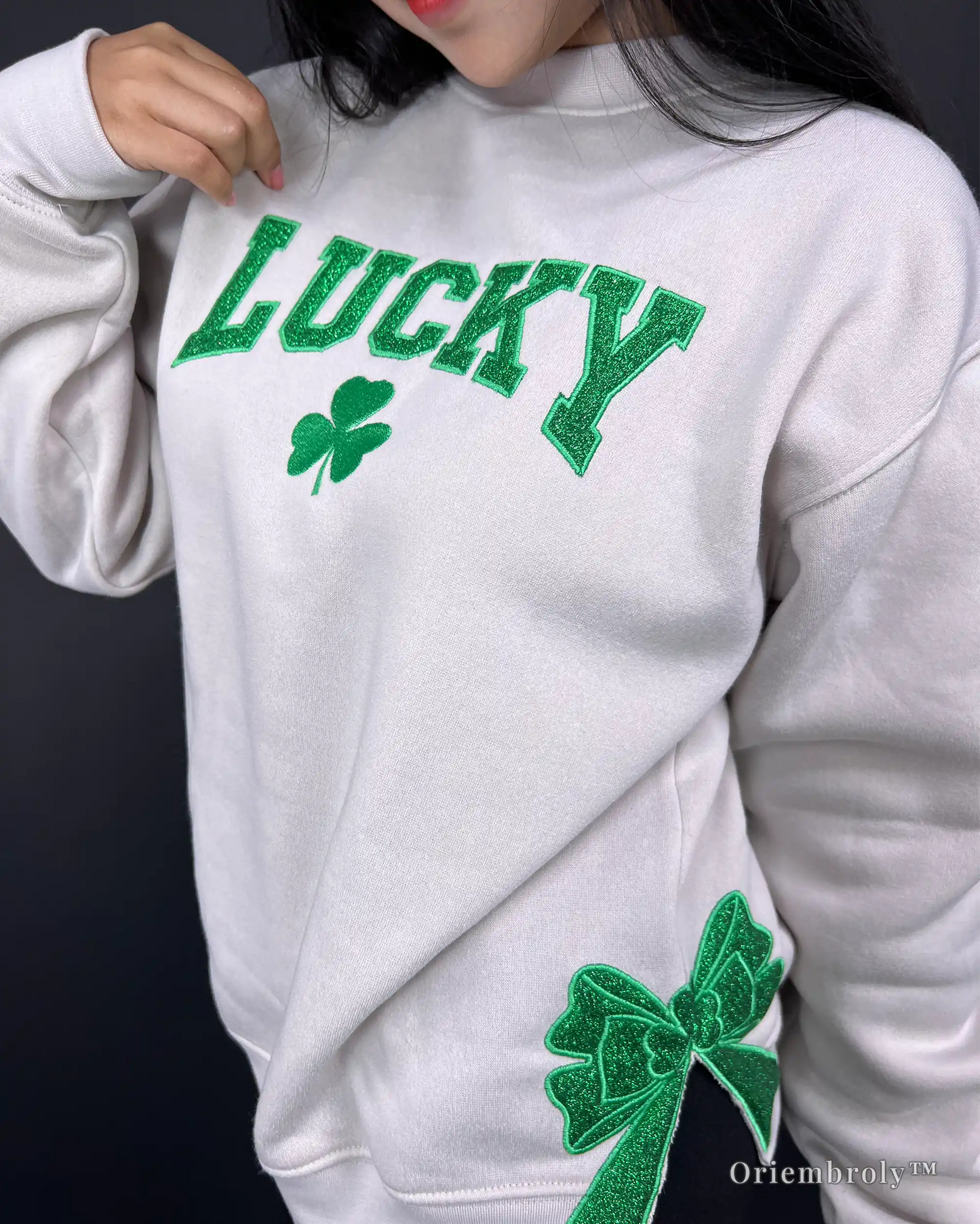 LUCKY collegiate font embroidery with shamrock center